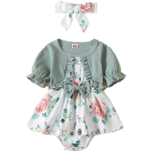 Newborn Baby Girl Romper Dresses Clothes Set Short Sleeve Floral Ruffle Bow Overall Bodysuit Onesie Floral Skirt Hem Outfit