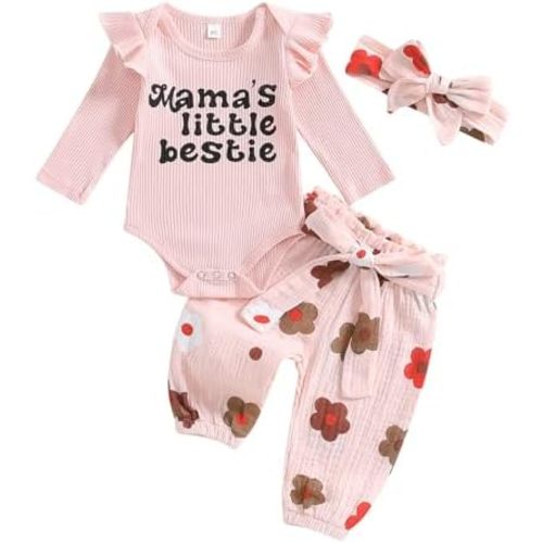 Emmababy Baby Girl Romper Daisy Pants Set Solid Ribbed Knit Bodysuit Bowknot Pants Headbands Fall Clothes Coming Home Outfit