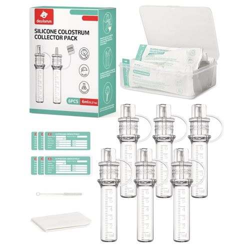 dearlomum Colostrum Collector Kit Breast Milk Collector 6ml/6pcs,Reusable, Heat & Freezer Resistant, BPA-Free, with Cotton Cloth Wipe, Storage Case, Cleaning Brush