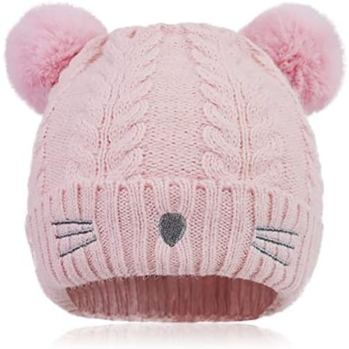 Bienvenu Baby Toddler Infant Boy Girl Winter Beanie Hat, Cat Embroidered Pom Knit Hat, Newborn Fleece Lined Warm Skull Cap