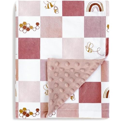 BEILUMU Baby Blankets for Boys Girls Super Soft Nursery Minky Blankets with Dotted Fleece Backing, Checkered Toddler Blanket with Lovely Bee Multicolor Pink Printed, 30 x 40 Inch