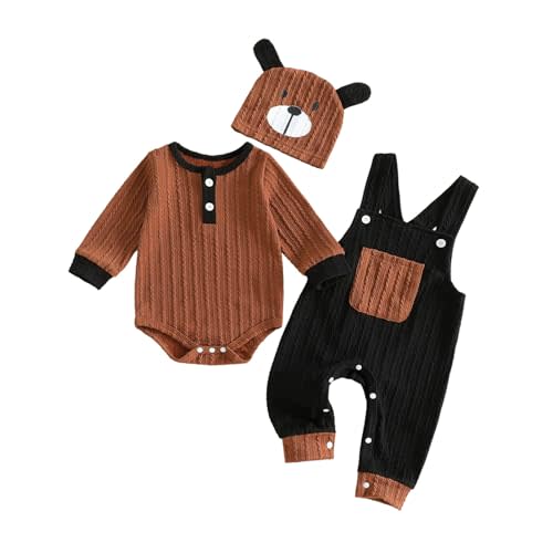 Newborn Baby Boy Clothes Fall Winter Outfit Long Sleeve Textured Romper Pocket Suspender Pants Dog Hat 3 Piece Set