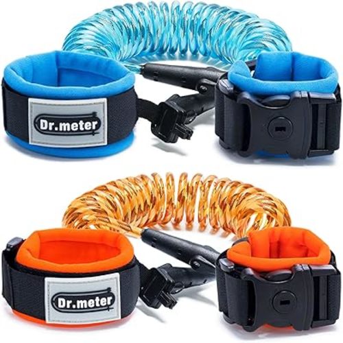 Dr.meter Toddler Leash, 2 Pack Safety Anti Lost Wrist Link with Key Lock, Reflective Child Walking Harness, 8.2ft Blue + 4.92ft Orange Kids Leash for Supermarket Mall Airport Amusement Park Zoo Travel