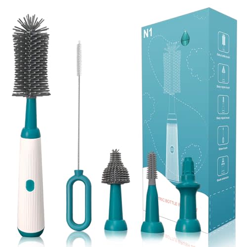 Electric Baby Bottle Brush Cleaner Set with Rechargeable Electric Bottle Cleaner and Silicone Baby Bottle Brushes and Straw Brush, Automatic Bottle Cleaner Brush for home and kitchen,Green
