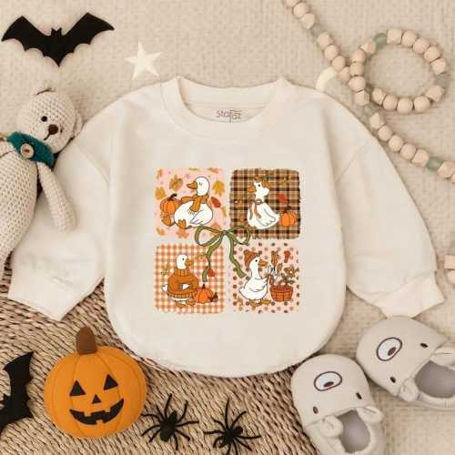 Pumpkin Spice Goose Sweatshirt Bubble Romper, Fall Baby Girl Outfit, Autumn Leaves Latte Clothes, Fall Vibes Cozy Toddler Shirt, Autumn Gift