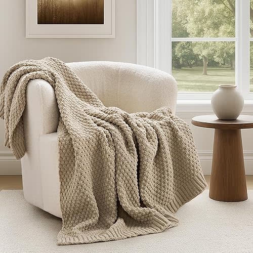 EVERGRACEHOME Chunky Chenille Knit Throw Blanket for Couch, Soft Luxurious Moss Stitch Blankets for Bed, Cozy Decorative Farmhouse Knitted Throws for Sofa, Sand Dune, 50" x 60"