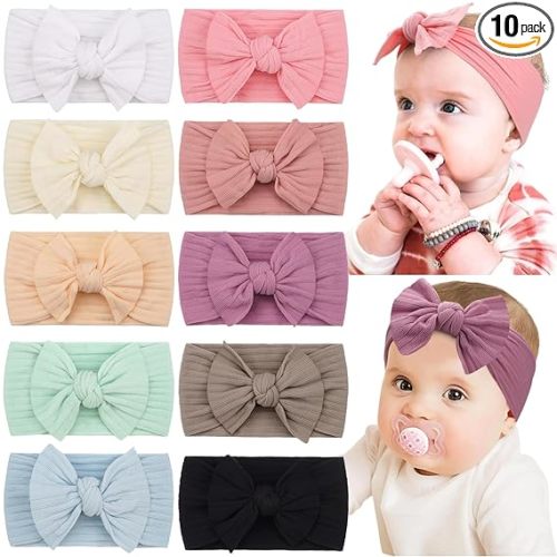 CÉLLOT 10 Colors Super Stretchy Soft Knot Baby Girl Headbands with Hair Bows Nylon Head Wrap For Newborn Baby Girls Infants Toddlers Kids
