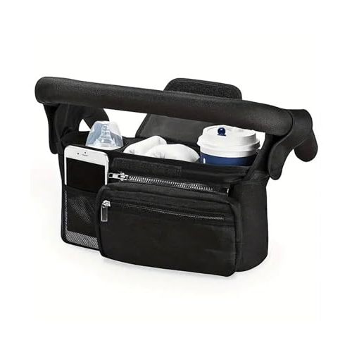 GajetNest Universal Stroller Organizer with Insulated Cup Holder Detachable Phone Bag and Carry Strap Fits Uppababy, Baby Jogger, Britax, BOB, Umbrella and Pet Stroller and more (Black)