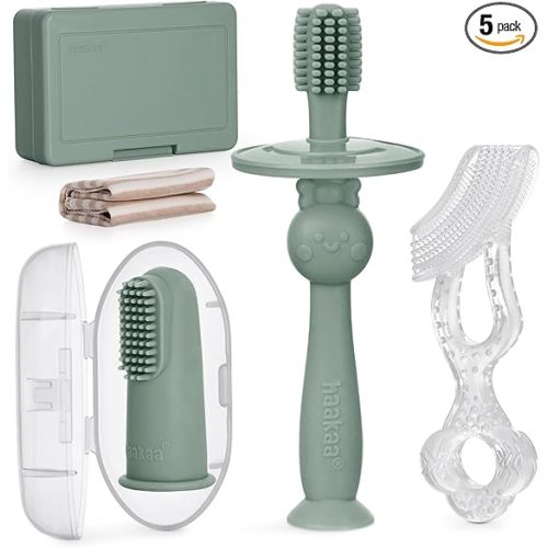 haakaa Training Toothbrush Set Oral Care Kit, Soft Silicone Toothbrush for Baby, Infants, Toddlers & Kids, Pea Green