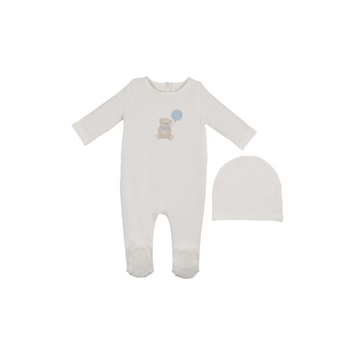 Teddy Print Cotton Blend Footie & Beanie Set, 3M
