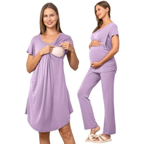 SUNNYBUY Women 3 PCS Maternity Nursing Nightgown Dress & Short Sleeve Breastfeeding Top & Pregnancy Pants Sleepwear Set