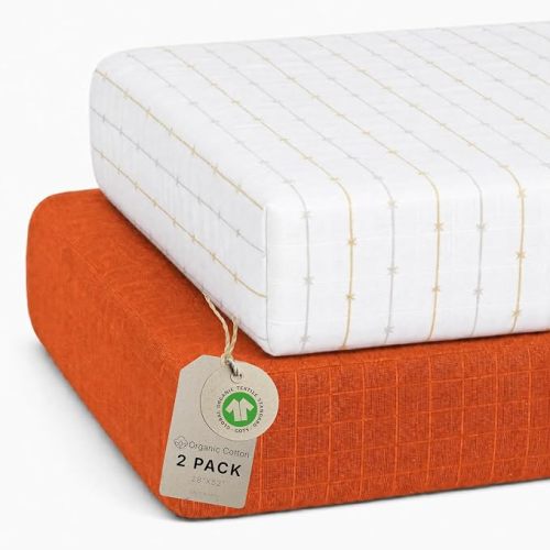 52"x 28" GOTS 100% Organic Cotton Fitted Crib Sheets 2 Pack (Rust/Star) | Salt Earth Organic Muslin Crib Sheet for Toddlers Soft Breathable Natural Cotton Mattress Bed Sheets, Neutral Crib Sheet