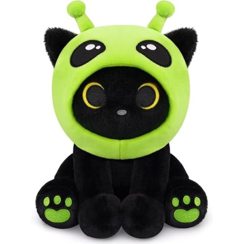 Alien Plush Toys - 8" Soft Black Cat Plush with Removable Green Alien Hood, Cute Space Toy & Birthday Gift for Kids, Boys, Girls，Anime Cartoon Plushies Birthday Gift
