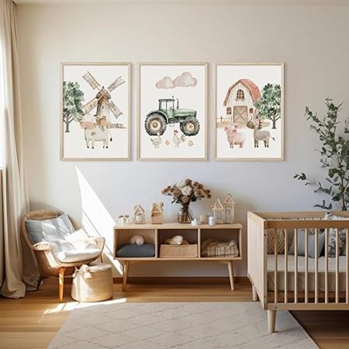 Nursery Farm Animal Wall Art Decor Baby Animal Canvas Prints Nursery Kids Farmhouse Poster Farm Cow Pig Pictures Wall Decor Green Tractor Painting Artwork for Children Bedroom 12x16 Inch Framed 3Pcs