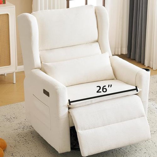 Power Recliner Chair Swivel Glider, Oversized Swivel Rocker Recliner Chair with Adjustable Headrest,Chenille Glider Rocking Nursery Chair with Overstuffed Lumbar Support, USB Ports, White