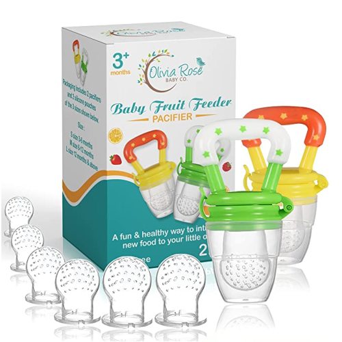 Baby Fruit Feeder Pacifier (2 Pack), Fresh Food Feeding Teether for Toddler, BPA Free, Soothing Gum Relief, Infant Silicone Teething Toy, includes All The Sizes of The Silicone Nipple Pouches