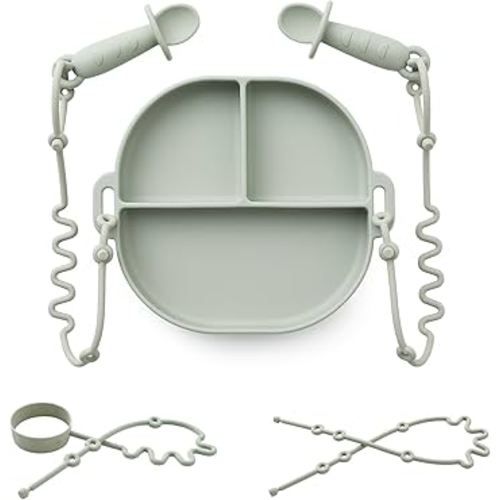 Andy Bear Silicone Plates for Babies with Suction Divided Baby Spoons Silicone Baby Toy Straps All-in-one Plates Silicone Placemat for Babies Toddlers Attachable Tethers & Built-in Suction Cups-Sage