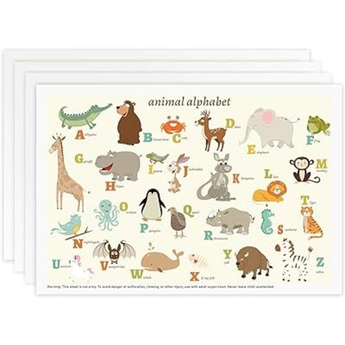 Babebay Disposable Stick-on Placemats 60 Pack for Baby & Kids & Toddler, Sticky Placemats Restaurant Table Mats 12" x 18" (Animal Alphabet)