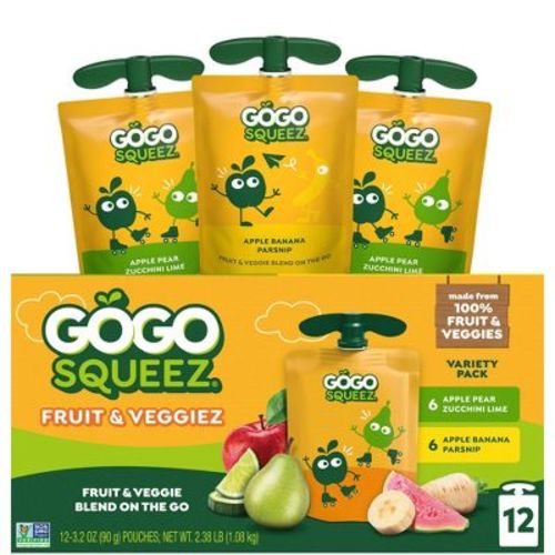 GoGo SqueeZ Fruit & VeggieZ Applesauce and Puree Variety Pack Apple Banana Parsnip & Apple Pear Zucchini & Lime Pouches - 38.4oz/12ct