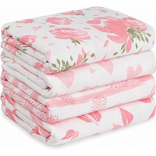 GLLQUEN BABY Muslin Swaddle Blankets 4-Pack Breathable Receiving Blankets (35" x 40") Soft Baby Blankets for Girls and Boys Newborn Essentials Muslin Burp Cloths Swaddle Wrap Baby Gift (Flower)