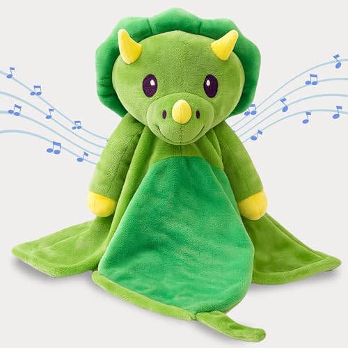 Love By Emi 4 in 1 Baby Lullaby Sleep Soother Toy - Stuffed Animal Sound Machine & Pacifier Holder | Heartbeat White Noise & Music | Plush Green Dinosaur Lovey Sleep Aid Security Blanket (0-3 Years)