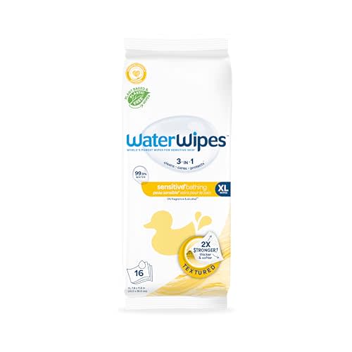 WaterWipes Sensitive+ Bathing Wipes, 3-In-1 Cleans, Cares, Protects, 99.9% Water, Unscented & Hypoallergenic, 16 Count (1 Pack)