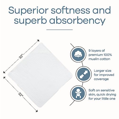 Comfy Cubs 2 Pack Baby Hooded Muslin Cotton Towel for Kids, Large 32” x 32”, Ultra Soft, Warm, and Absorbent. Baby Essentials Bath Towels, Cute Unisex Cover for Girls and Boys (2 Pack, White)