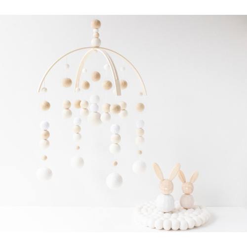 Beige and Cream Baby Mobile - Gender Neutral Felt Pom Pom Crib Mobile - White Minimalist Nursery Cot Mobile - Wooden Arch Ceiling Mobile