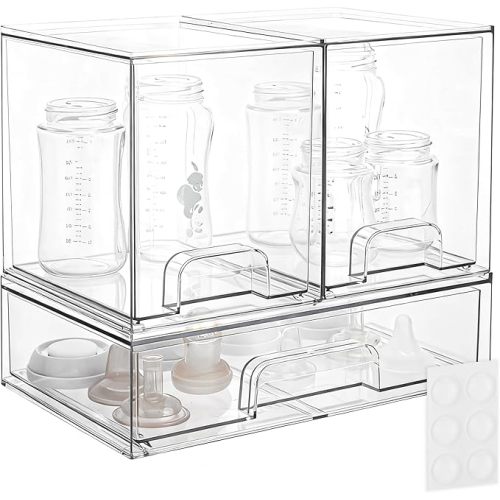 Baby Bottle Storage Organizer - Acrylic Storage Containers, Clear Stackable Drawer Baby Bottle Station Organizer for Countertop Cabinet, BPA-Free, Lead-Free (1 Wide+2 High, Clear)