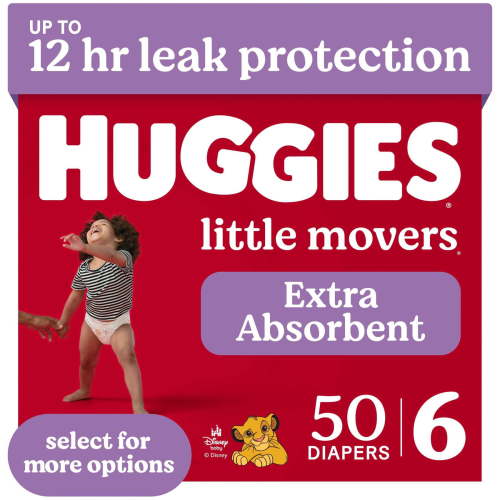 Huggies Little Movers Baby Diapers, Size 6, 50 ct, Up to 12 Hr Protection