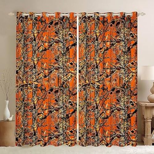 Feelyou Tree Curtains for Living Room (2 Panels, 52 x 84 Inch) Kids Natural Tree Blackout Curtains for Boys Camo Darkening Drapes Camouflage Orange Window Treatments