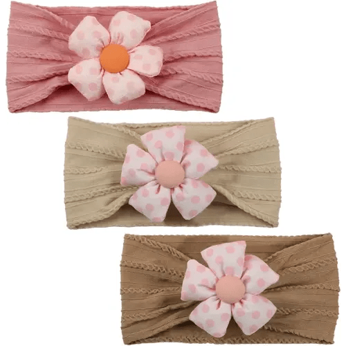 3 Pcs Baby Flower Headbands Baby Girls Nylon Headband Soft Hairbands Hair Accessories for Newborn Infant Toddler Kids (Khaki Brown Pink)