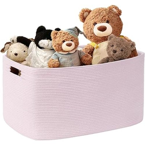45L Small Baby Girls Laundry Basket for Nursery Storage,Cute Woven cotton Rope Baskets for Kids Toy,Gifts, Boho Square Wicker Blanket hamper for Living Room,Bedroom Dirty Clothes,Pink
