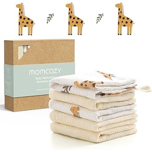 Momcozy Baby Washcloths - 4 Layer Design| Medium Thickness| Premium Cotton for Newborns' Skin-Great for Bathing, Wiping & on-The-go Use, Shower Gift and Essential(5 Pack, 10x10 inch)