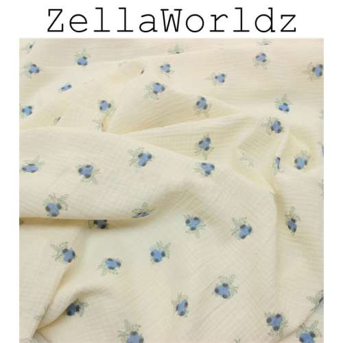 Blueberry Print Double Gauze Fabric: 100% Cotton Crinkle Muslin, Swaddling Blanket Material