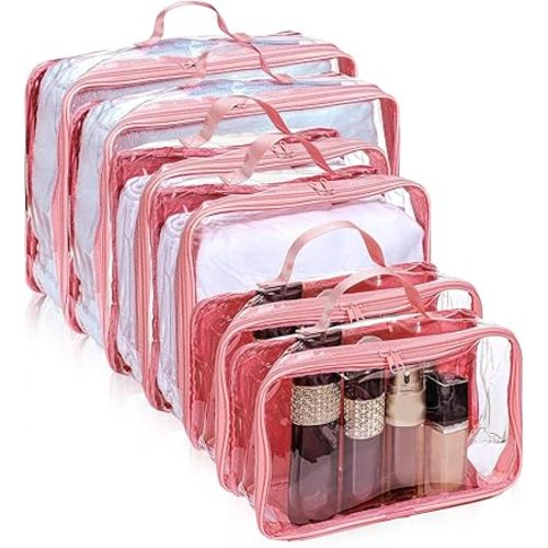 Hillban 6 Pcs Pink Large Clear Travel Packing Cube 3 Sizes See Through PVC Organizer for Suitcase Multipurpose Pouch with Handle Vinyl Zippered Storage Bags Luggage Cube Organizer