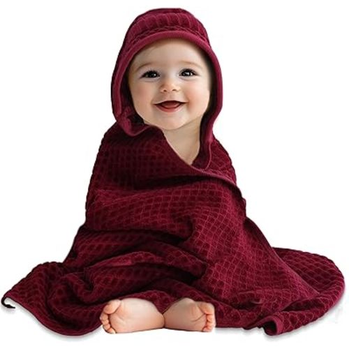 ORIGINAL KIDS Hooded Baby Towel - 100% Cotton Luxurious Jacquard Velour Baby Bath Towel with Hood - Boys Girls Infant Toddler - 550 GSM Soft Absorbent Newborn Bath Essentials - Large 30x30 - Burgundy