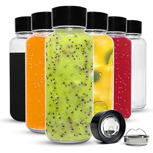 purifyou 32oz Clear Glass Water Bottles for Fridge Set of 6 - Reusable Juicing Bottles with Lids and Neoprene Sleeves for Water, Milk, Juice, Smoothies, Tea - Stainless Steel Leak-Proof Wide Mouth