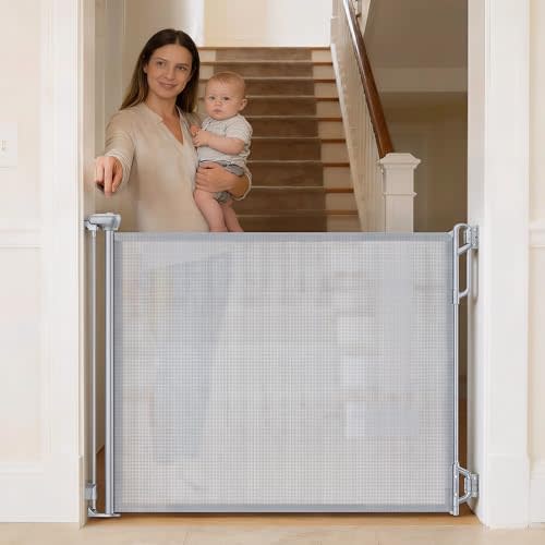 Retractable Safety Baby Gate or Mesh Dog Gate,Durable Portable Mesh Retractable Gate,Easy to Use for Stairs, Doorways, Hallways, Indoor, Outdoor, 33.5" Tall, Up to 45" Wide, Gray