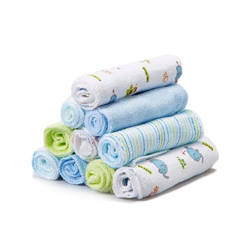 Spasilk Washcloth Wipes Set for Newborn Boys and Girls, Soft Terry Washcloth Set, Pack of 10, Blue Elephants