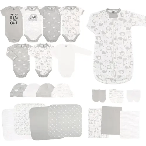 The Peanutshell Baby Layette Gift Set for Baby Boys or Girls - 23 Piece New Born Unisex Gift Set, Clothes & Newborn Essentials Must Haves - Clothes 0-3 Months - Soft Grey