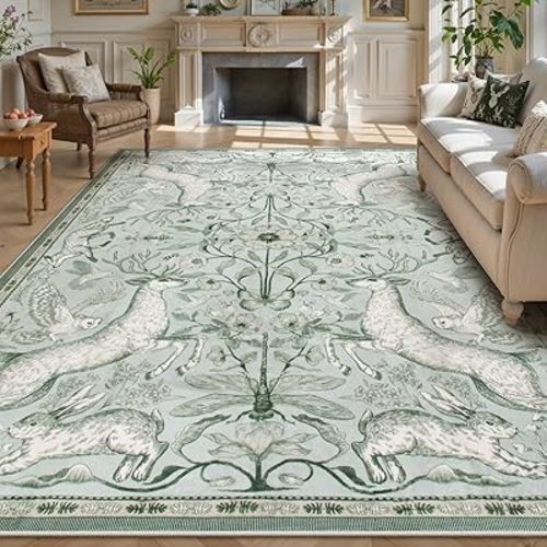 Lahome Boho Animal Washable Rugs for Living Room 8x10, Green Soft Rugs for Bedroom, Botanical Large Boho Non Slip Dining Room Carpet for Under Table Office Kids Playroom (8x10ft,Light Green)