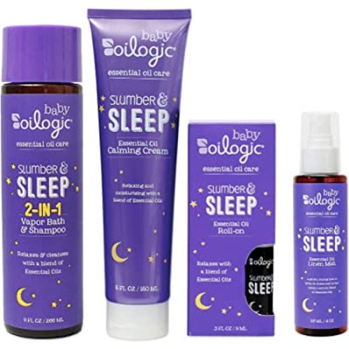 Oilogic Baby Essentials - Baby Bath - Slumber & Sleep Gift Set, 4-Pack - Roll-On Essential Oil 3 oz, Calming Cream, Vapor Bath & Linen Mist - Made with Calming & Relaxing Lavender and Chamomile Essential Oil