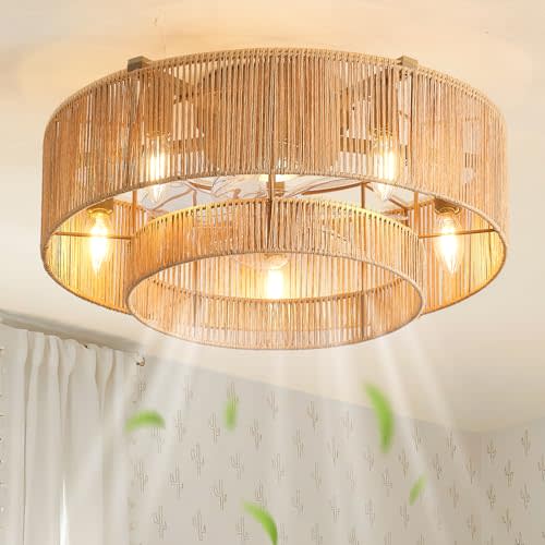 20'' Rattan Boho Ceiling Fan with Light, Enclosed Caged Ceiling Fans with Lights and Remote Control, Coastal Flush Mount with Reversible 6 Speeds for Living Room Bedroom Kitchen
