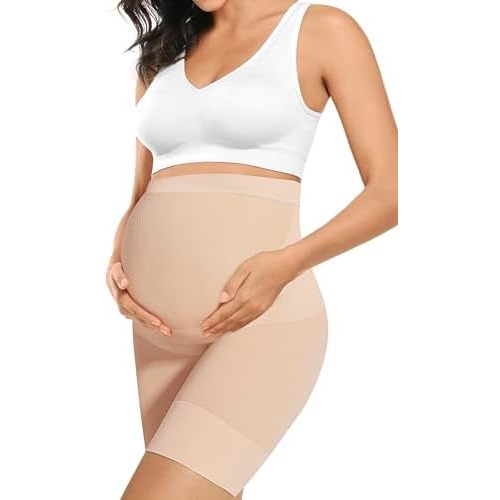 Peauty “Baby Bump” Seamless Maternity Shapewear, High Waisted Mid-Thigh Pregnancy Underwear Prevent Chafing Belly Support