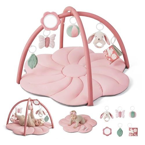 Blissful Diary Baby Play Gym Mat, Tummy Time with 6 Detachable Toys for Sensory & Motor Skill Development, Baby Activity Mat for Girl Boy Newborn Essentials Shower Gift, Pink Floral