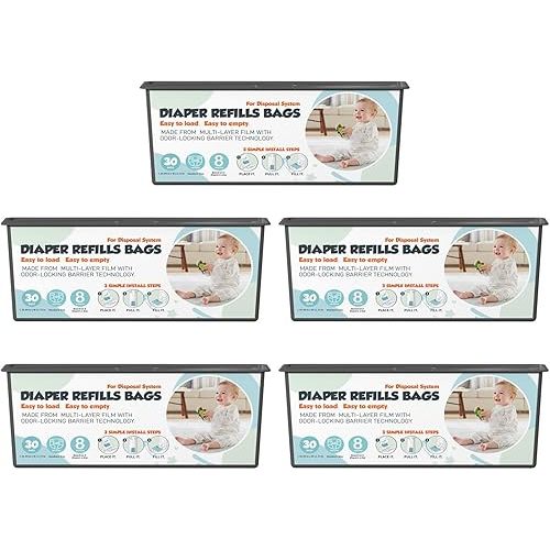 Diaper Pail Refills Bags with 30 Bags Compatible with Genie Easy Roll Signature and Platinum Diaper Pails, 7-Layer Odor-Barrier Technology, 5 Pack (150 Bag)