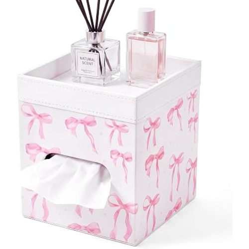 Tissue Box Cover Square with Storage Tray PU Tissue Box Holder,Pink Bow