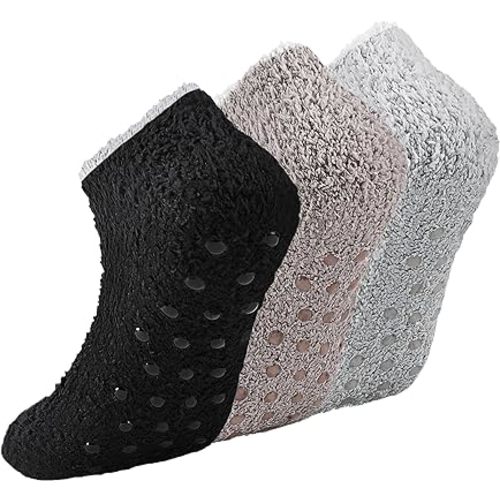 Amazon.com: COZYOFFI 3 Pairs Non Slip Hospital Socks for Women Fluffy Fuzzy Slipper Socks with Grips (C05-Black/Grey/Khaki) : Clothing, Shoes & Jewelry