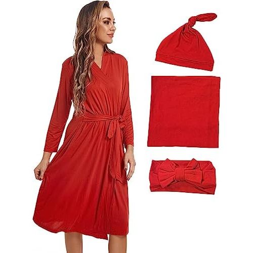QTECLOR Maternity Robe with Matching Swaddle Blanket Set,Maternity Barhrobe Delivery Labor Robe for Hospital Women Dress